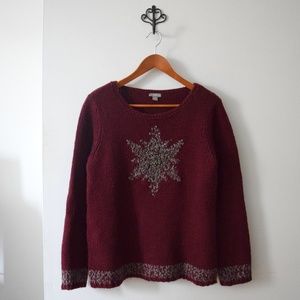 J Jill Maroon Sweater with Beaded Snowflake Design